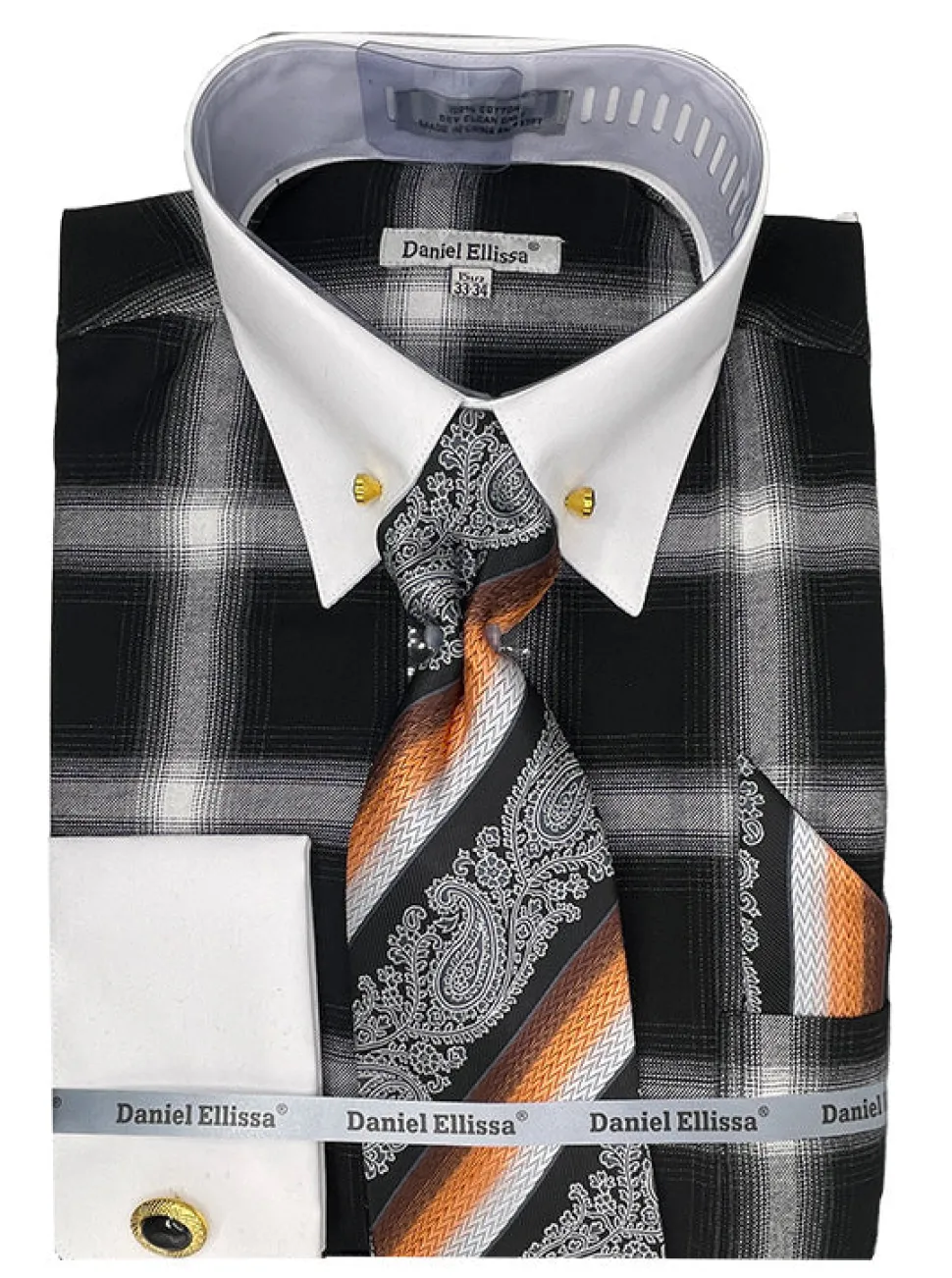 Black Tone on Tone Check Printed French Cuff Dress Shirt Set