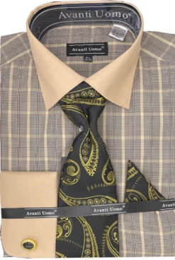 Black Tone on Tone Check Pattern Dress Shirt Set with French Cuff