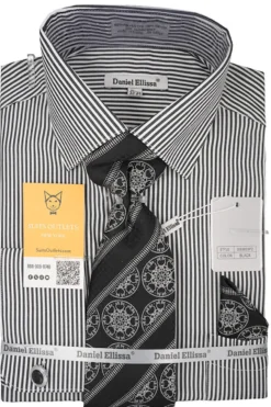 Black White Bold Stripe French Cuff Dress Shirt with Tie, Cuff Links and Pocket Square