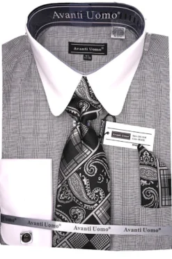 Black Windowpane Dress Shirt Set with Tie and Handkerchief