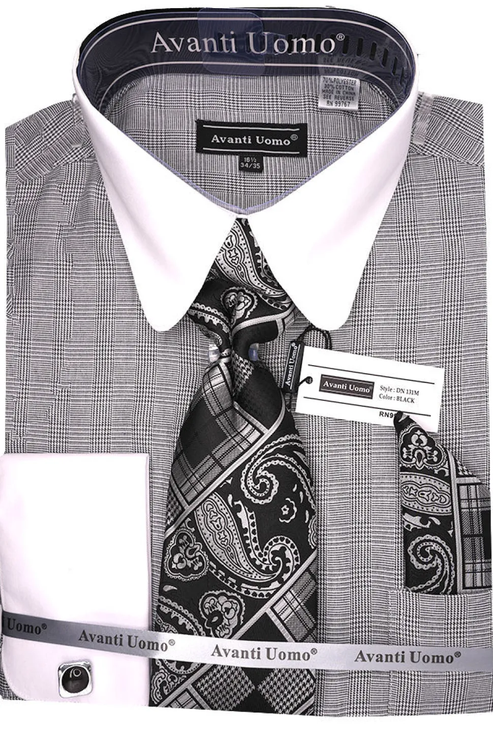 Black Windowpane Dress Shirt Set with Tie and Handkerchief