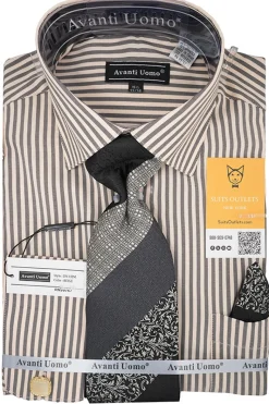 Black and Beige Striped French Cuff Dress Shirt Set with Tie, Cuff Links and Pocket Square