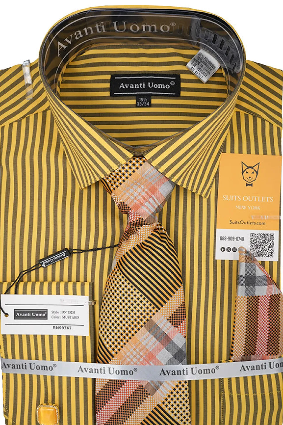 Black and Mustard Striped French Cuff Dress Shirt Set with Tie, Cuff Links and Pocket Square