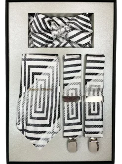 Black and Silver Men's Accessory Box Bow Tie, Necktie, Pocket Square, Suspender 4 Piece Set