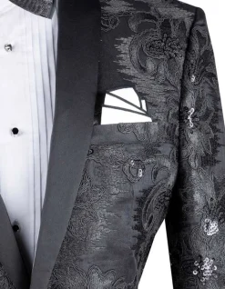 Black Embroidery Slim Fit Jacket Shawl Lapel