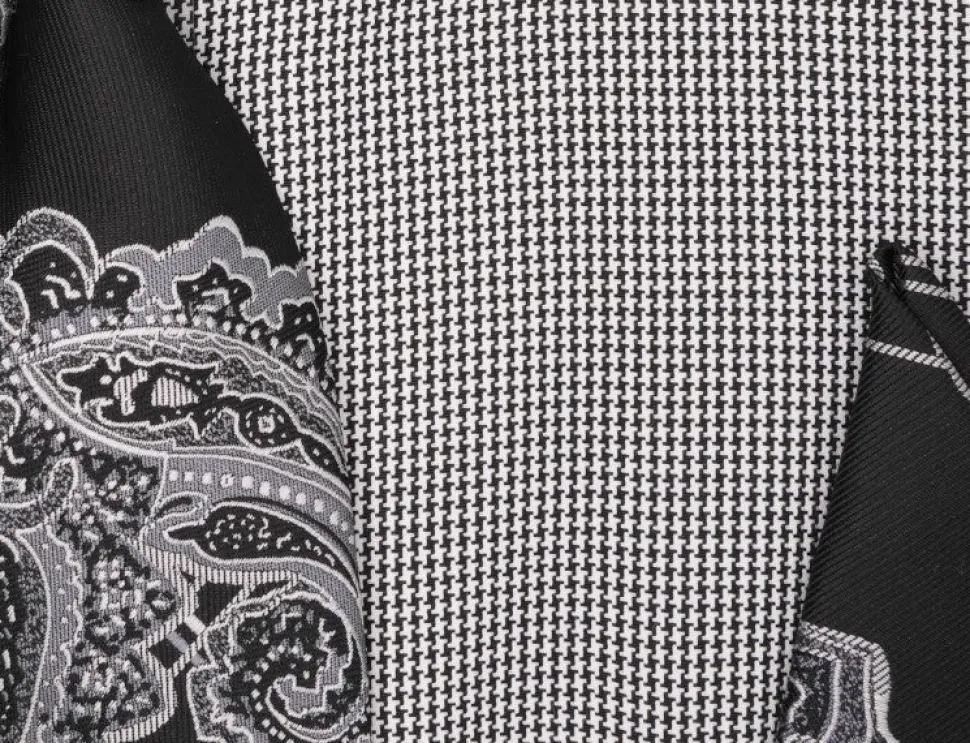 Black French Cuff Mini-Houndstooth Dress Shirt Set with Tie and Handkerchief