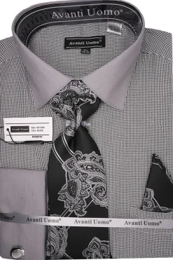 Black French Cuff Mini-Houndstooth Dress Shirt Set with Tie and Handkerchief