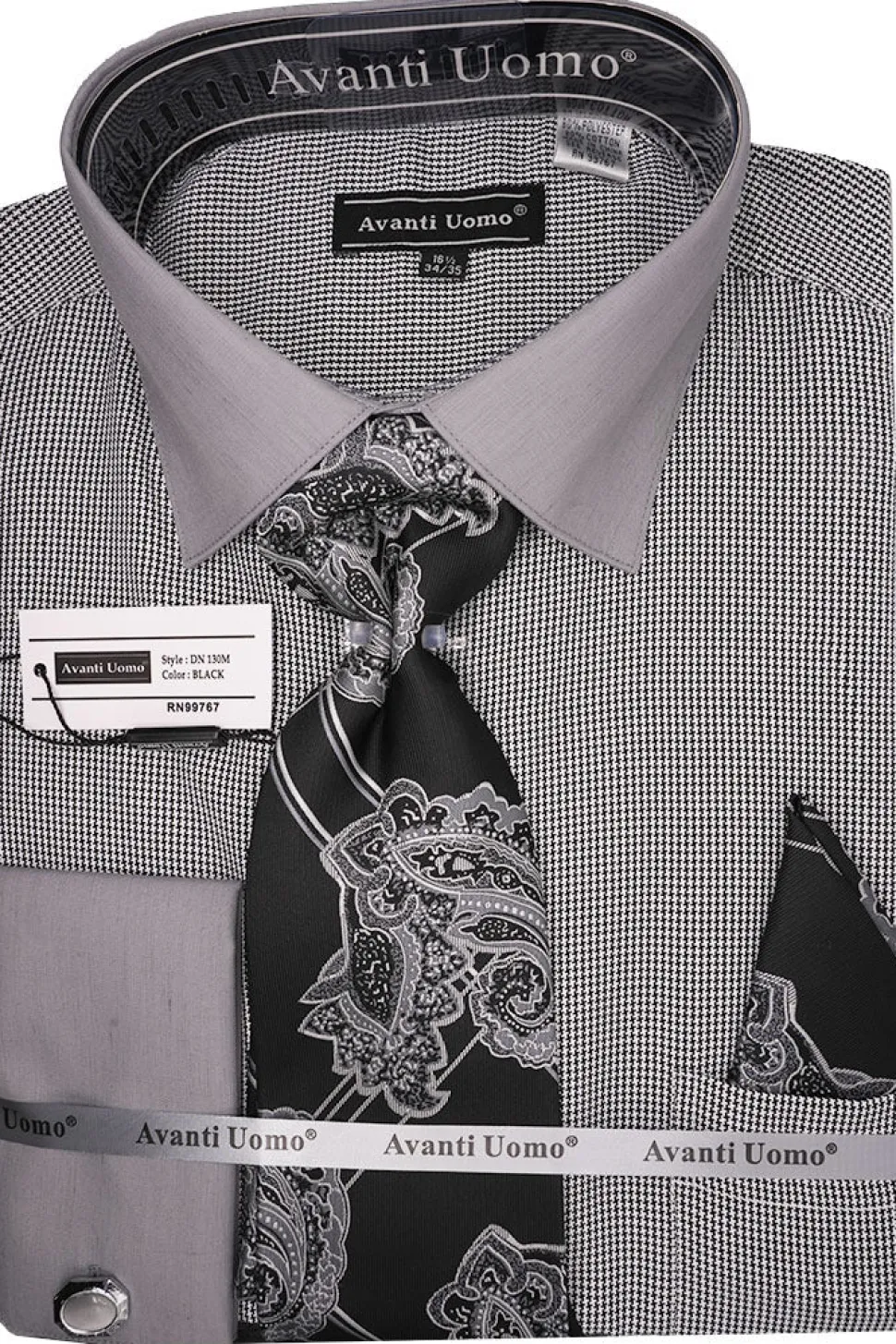Black French Cuff Mini-Houndstooth Dress Shirt Set with Tie and Handkerchief