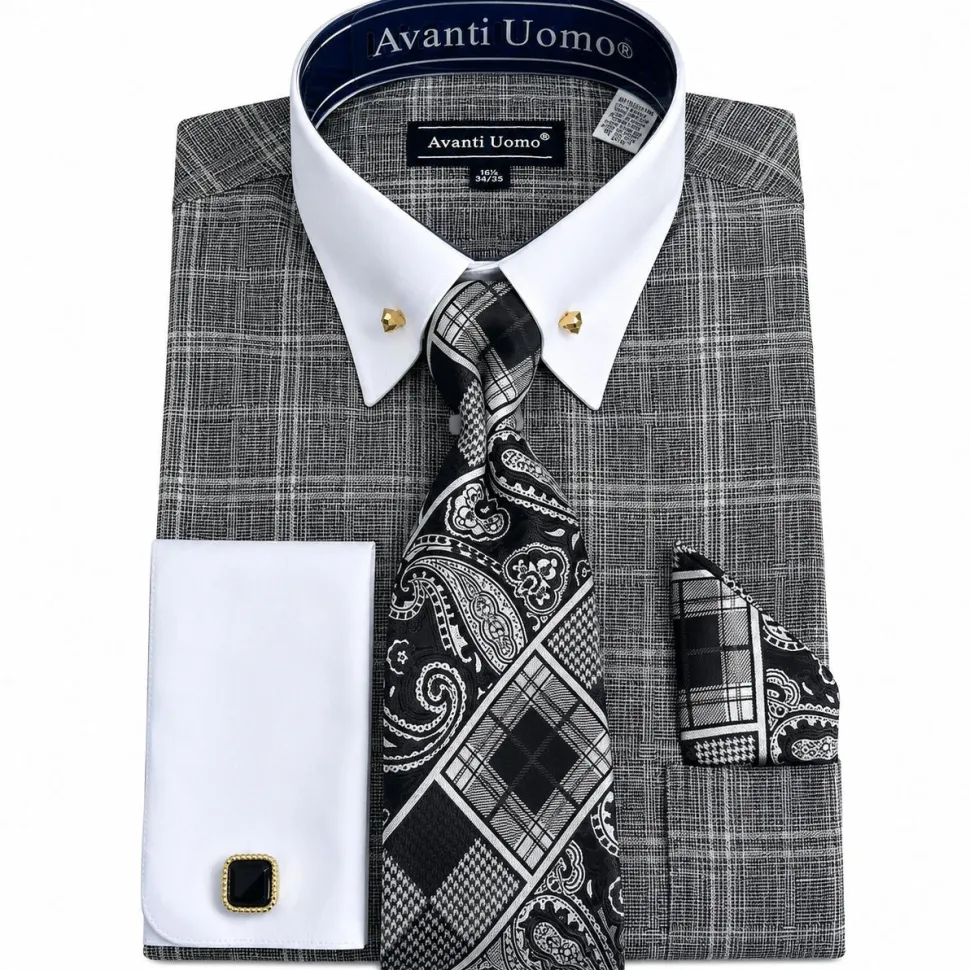 Black Glen Plaid French Cuff Dress Shirt Set