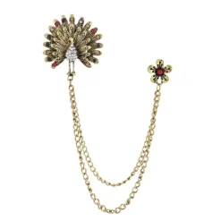 Black/Gold Diamond Rhinestone Peacock Double Chain Brooch