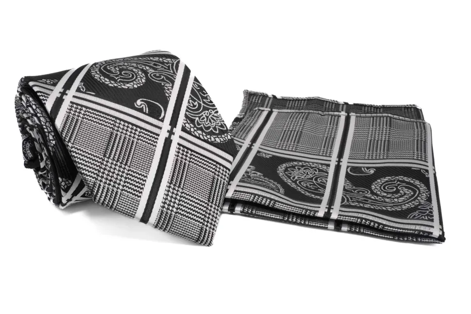 Black Gray Multi Pattern Tie and Pocket Square Set