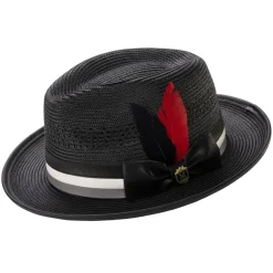 Black Mesh Braided Fedora Hat with Feather Stripe Trim Ribbon Band