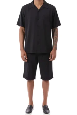 Black 2 Piece Short Sleeve Walking Suit Set with Elastic Waistband Shorts