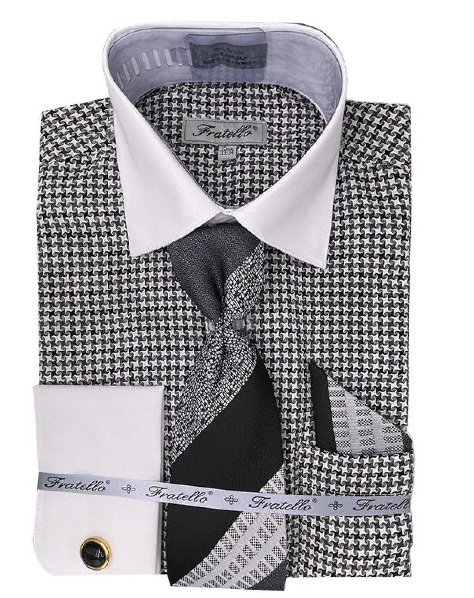 Black Plaid Dress Shirt Set with Tie and Handkerchief