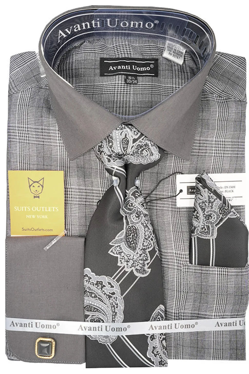 Black Plaid French Cuff Dress Shirt Set with Cuff Links, Tie and Pocket Square