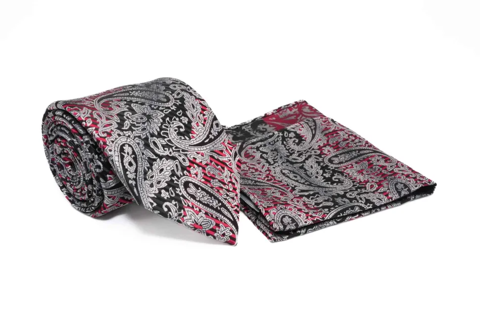 Black Red Paisley Pattern Men's Tie and Pocket Square Set
