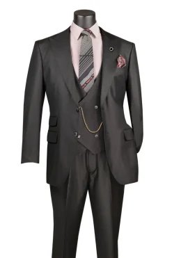 Black Regular Fit 3 Piece Sharkskin Suit with Vest and Adjustable Waistband Pants