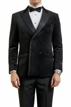 Black Slim Fit Double Breasted Velvet Jacket
