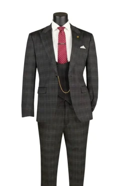 Black Slim Fit 3 Piece 1 Button Windowpane Suit