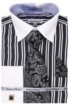 Black Striped Dress Shirt Set French Cuff with Tie and Pocket Square