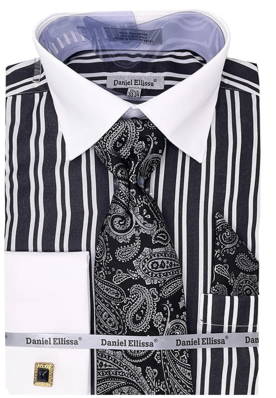 Black Striped Dress Shirt Set French Cuff with Tie and Pocket Square