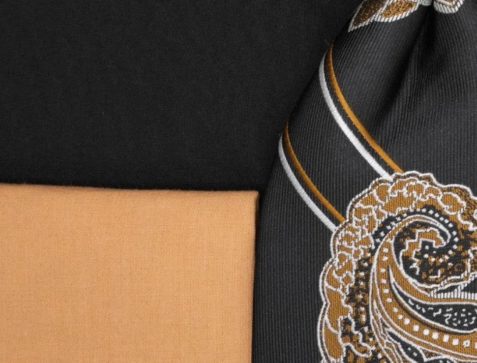 Black Tan French Cuff Dress Shirt Set with Tie and Handkerchief