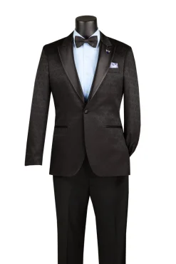 Black Textured Jacquard Peak Lapel Tuxedo Blazer