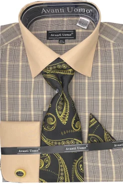 Black Tone on Tone Check Pattern Dress Shirt Set with French Cuff