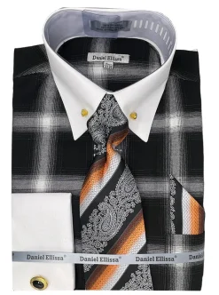 Black Tone on Tone Check Printed French Cuff Dress Shirt Set