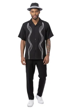 Black Wave Embroidery Short Sleeve Walking Suit