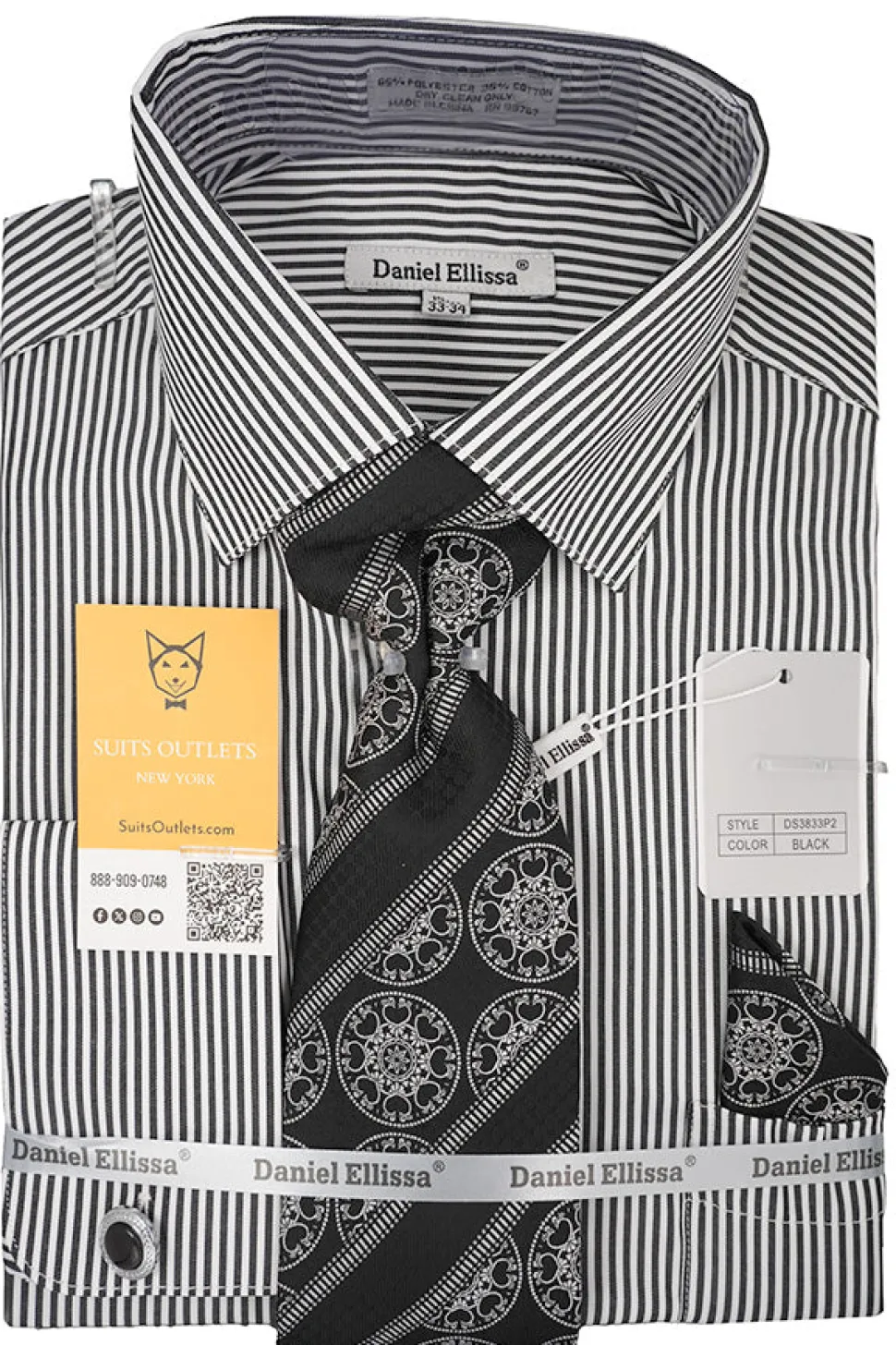 Black White Bold Stripe French Cuff Dress Shirt with Tie, Cuff Links and Pocket Square