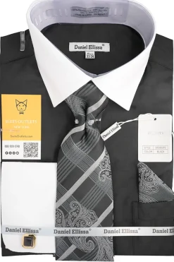 Black White French Cuff Dress Shirt Set with Tie, Cuff Links and Pocket Square