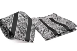 Black White Paisley Pattern Stripe Men's Tie and Pocket Square Set