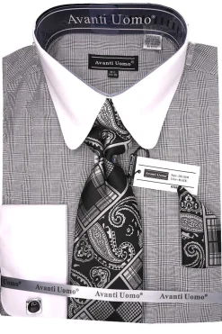 Black Windowpane Dress Shirt Set with Tie and Handkerchief