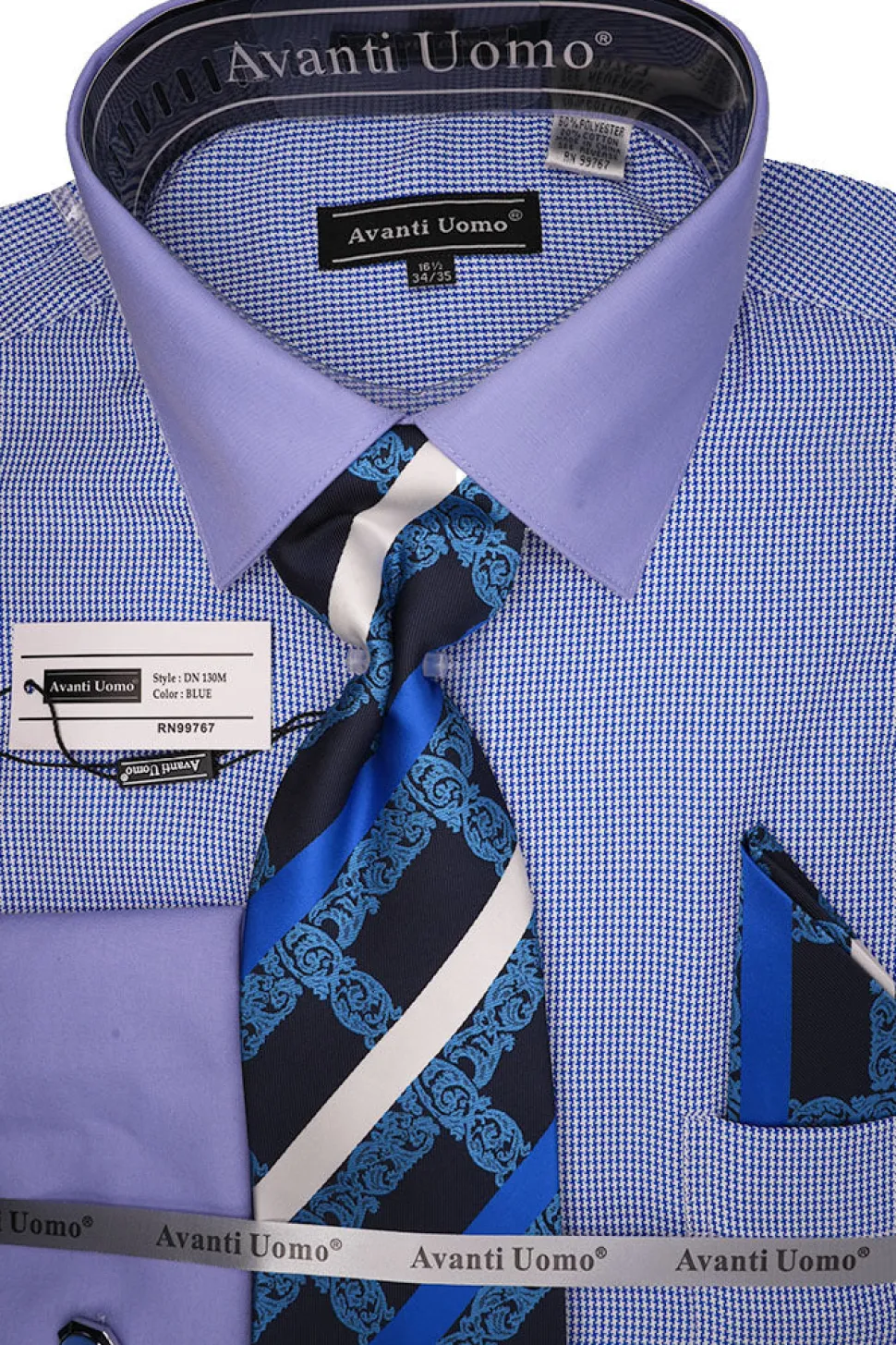 Blue French Cuff Mini-Houndstooth Dress Shirt Set with Tie and Handkerchief