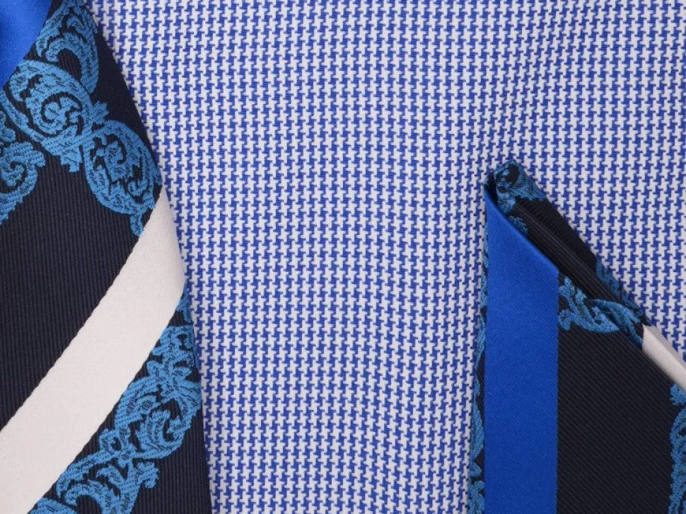 Blue French Cuff Mini-Houndstooth Dress Shirt Set with Tie and Handkerchief
