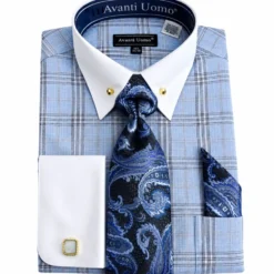 Blue Glen Plaid French Cuff Dress Shirt Set