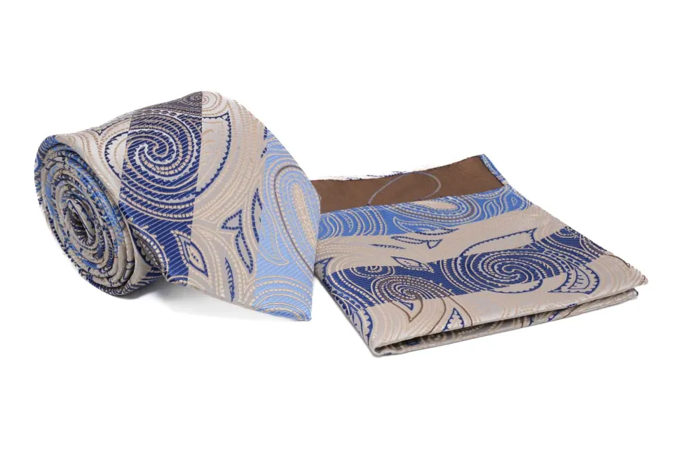 Blue Ivory Paisley Pattern Stripe Men's Tie and Pocket Square Set