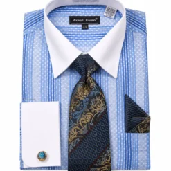 Blue Jacquard Stripe French Cuff Dress Shirt Set