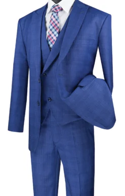Blue Modern Fit Glen Plaid 2 Button Peak Lapel 3 Piece Suit