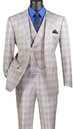 Blue Modern Fit Windowpane Peak Lapel 3 Piece Suit