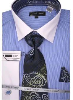 Blue Pin Striped Dress Shirt Set with Tie and Handkerchief