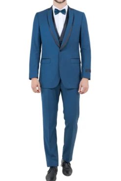 Blue Slim Fit Tuxedo 3 Piece with Satin Shawl Collar Vest