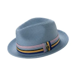 Blue Braided Fedora Hat with Multi-Color Striped Band