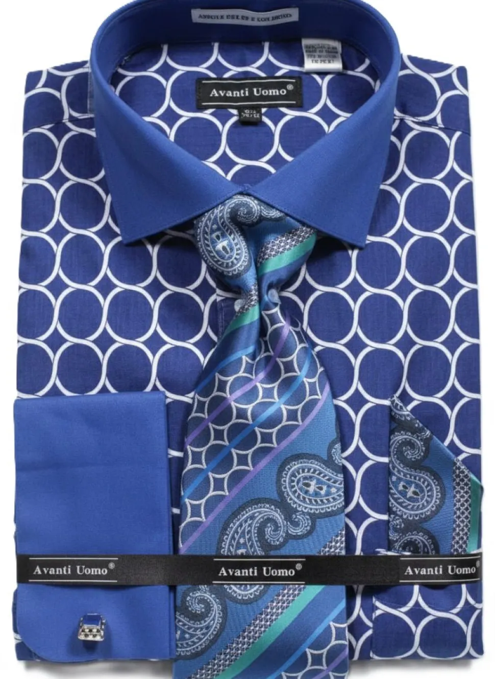 Blue Circle Print French Cuff Dress Shirt Set