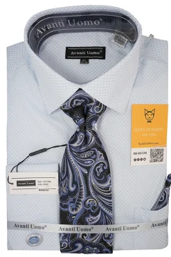 Blue Mini-Check French Cuff Dress Shirt Set with Tie, Cuff Links and Pocket Square