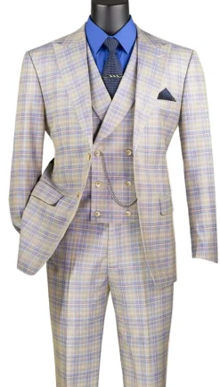 Blue Modern Fit Windowpane Peak Lapel 3 Piece Suit