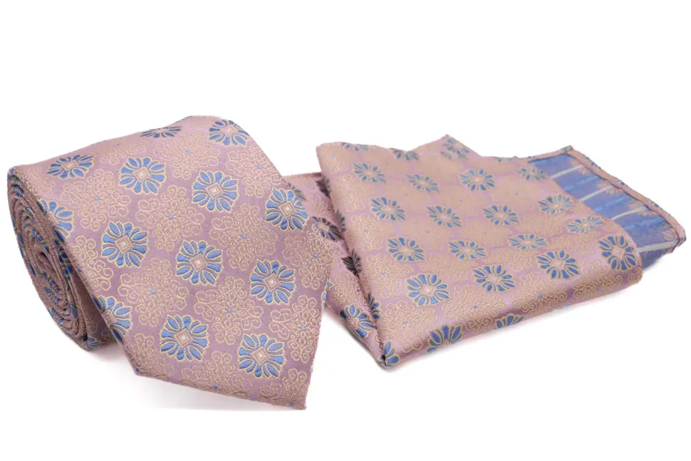 Blue Pink Floral Pattern Tie and Pocket Square Set