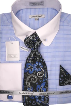 Blue Tone-on-tone Check Dress Shirt Set with Tie and Handkerchief