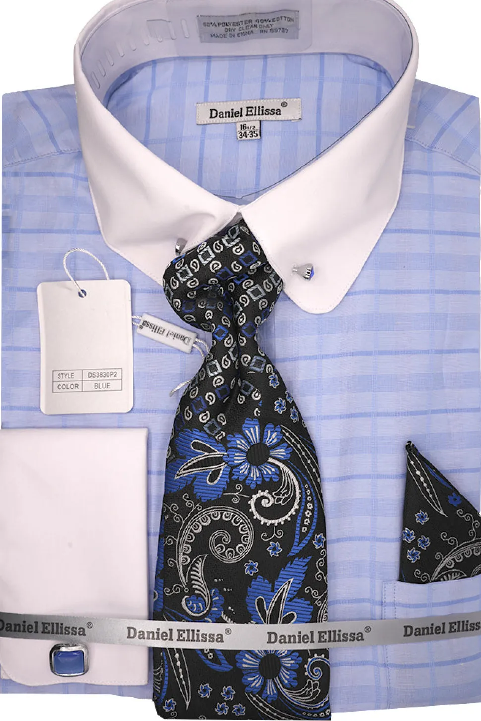 Blue Tone-on-tone Check Dress Shirt Set with Tie and Handkerchief